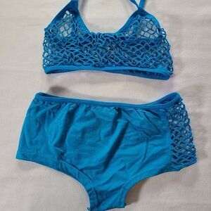 Blue Fishnet Bra Shorts Set Small Sheer Festival Rave Clubwear Outfit